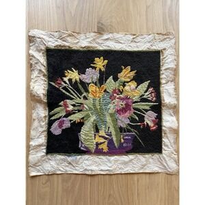 VTG Floral Crewelwork Embroidery Finished 16x16 Wool Needlepoint Bouquet Flower